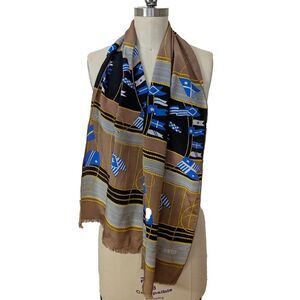 Vintage Bill Blass Long Silk Rectangular Scarf Nautical 1980s Gold Black Blue